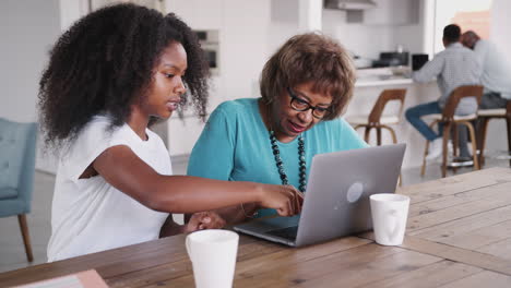 Teenage-black-girl-helping-her-grandmother-use-a-laptop-computer-at-home,-close-up