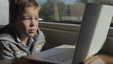 Niño-Viajando-En-Tren-Y-Viendo-Películas-En-Una-Computadora-Portátil
