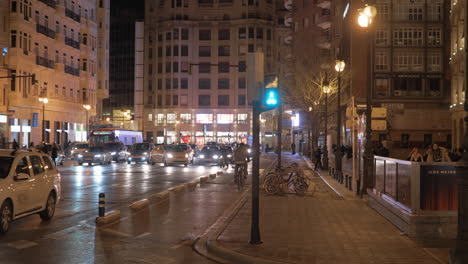Valencia-street-with-bike-lane-and-car-traffic-at-night-Spain