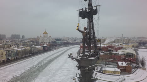 Moscow-winter-cityscape-with-river-and-Peter-the-Great-Statue-aerial