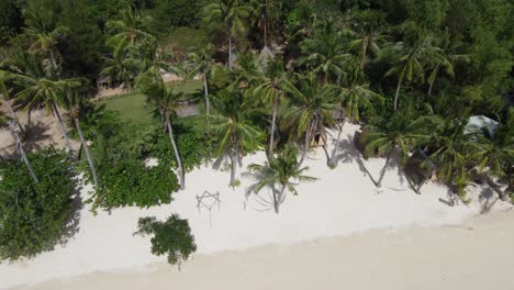 Traditional-huts-and-palm-hammocks-on-tropical-coco-beach-with-people-riding-tree-swing