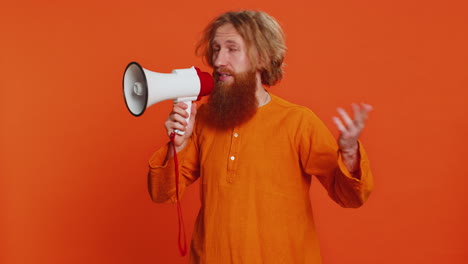 Caucasian-man-talking-with-megaphone-proclaiming-news-loudly-announcing-advertisement-discounts-sale