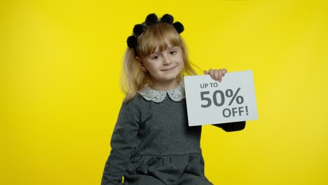 Pupil-girl-with-shopping-bags-showing-Up-To-50-percent-Off-banner-text-advertisement.-Holiday-sale