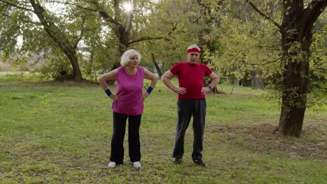 Active-senior-couple-doing-morning-stretching-physical-exercises-in-park.-Fitness-family-leisure