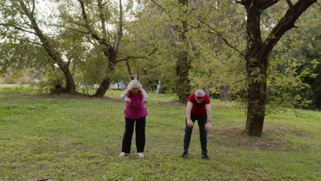 Active-senior-couple-doing-morning-stretching-physical-exercises-in-park.-Fitness-family-leisure