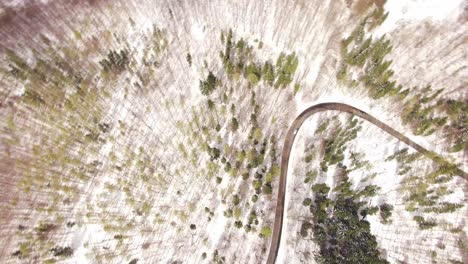Aerial-view-of-snowy-forest-with-curved-asphalt-road