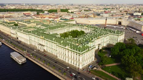 Aerial-view-cityscape-of-State-Hermitage-museum-,-city-center,-Palace-square,-Neva-river