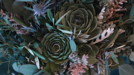 Close-up-of-Eclectic-Bridal-Bouquet-with-wedding-rings
