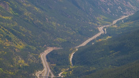 Highway-I-70-running-through-a-Colorado-mountain-pass-on-a-cloudless-day,-close-up