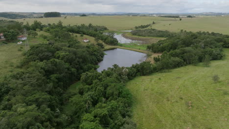 Aerial-footage-flying-over-a-pond-in-the-countryside-in-Brazil