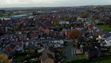 Rainhill-typical-British-suburban-village-in-Merseyside,-England-aerial-view-over-Autumn-residential-council-property