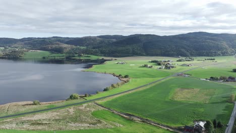 Aerial-View-Of-Green-Fields,-Meadow,-Mountain-And-Lake-In-Summer-In-Norway