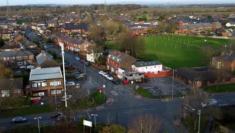 Rainhill-typical-British-suburban-village-in-Merseyside,-England-aerial-view-overlooking-traffic-junction