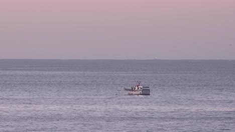 Idyllische-Szene,-Die-Ein-Kleines-Fischerboot-Auf-Der-Meeresoberfläche-Mit-Umherfliegenden-Möwen-Einfängt,-Lage-Nahe-Der-Küste-Portugals
