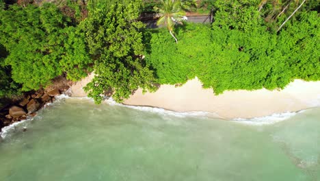 Drone-footage-of-white-sandy-beach-and-passing-vehicle,-Mahe-Seychelles-30fps