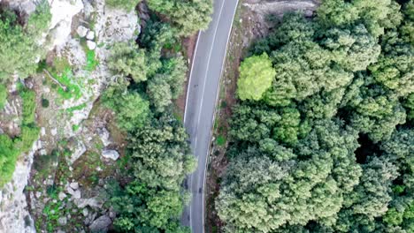 Curvy-road-through-green-forested-mountain-range,-drone-aerial-view