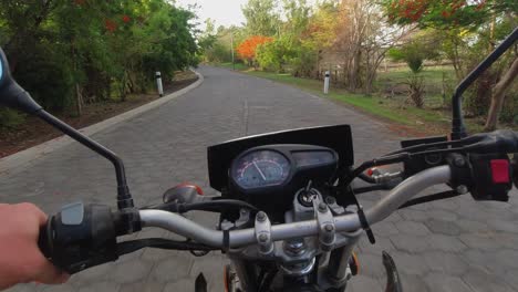 Motorcycle-POV:-Driving-paving-stone-road-in-autumn-color-foliage
