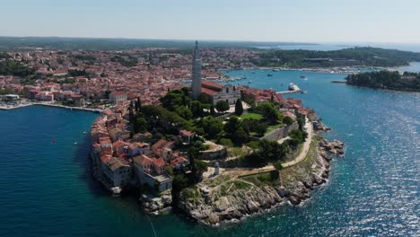 Aerial-view-of-the-old-town-of-Rovinj,-on-an-impressive-summer-day-in-Croatia,-Europe