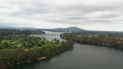 Aerial-drone-shot-over-the-Shoalhaven-river-near-Nowra-on-s-stormy-day-in-south-coast,-NSW-Australia