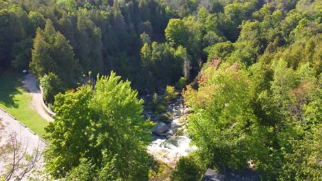 Flowing-mountain-river,-aerial-drone-flying-close-to-trees