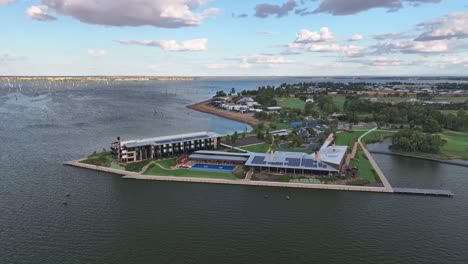 Aerial-of-the-Sebel-Hotel-and-the-dead-trees-in-Lake-Mulwala-and-the-beautiful-late-sun-in-the-distance