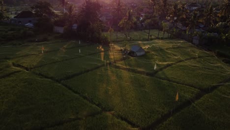 Aerial-view-of-Amed-Sunset-in-Bali-with-a-view-of-a-Serene-Rural-Landscape-Bathed-in-the-Warm-Glow-of-a-Setting-Sun,-Capturing-the-Tranquil-Beauty-of-Indonesian-Countryside
