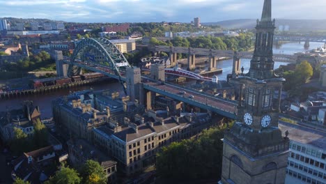 Cinematic-drone-video-of-Quayside-and-iconic-bridges-in-Newcastle-Upon-Tyne,-England