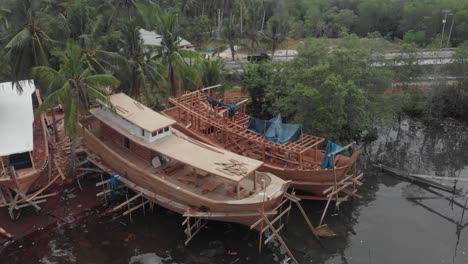 Boat-construction-at-Belitung-island-Indonesia,-drone-view