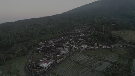 Bali,-Indonesien,-Die-Stadt-Liegt-Zwischen-Großen-Bäumen-Und-Viele-Fahrzeuge-Sind-Auf-Der-Straße-Unterwegs,-Wunderschöne-Landschaft,-Filmische-Luftaufnahme