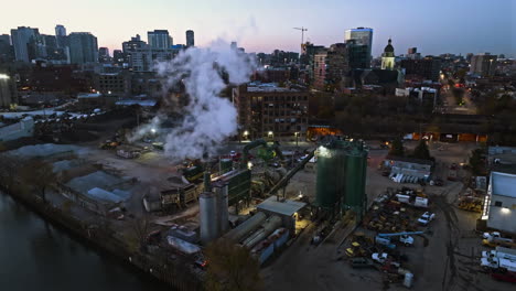 Drone-shot-over-the-Ozinga-Concrete-industrial-area,-sunny-evening-in-Chicago
