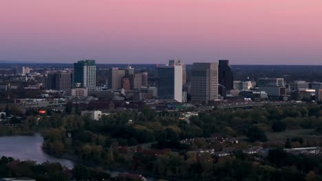 Zoomed-in-drone-shot-showing-the-Traffic-in-Sacramento-on-a-fall-day-at-sunset
