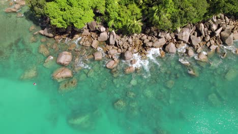 Drone-footage-of-clients-swimming-and-snorkelling-near-granite-stones,-surrounded-by-trees,-turquoise-water,-anse-Louis,-Mahe-Seychelles-30-fps