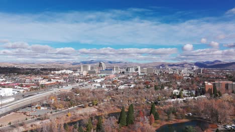 Wide-angle-drone-shot-panning-to-the-right-overlooking-Reno,-Nevada
