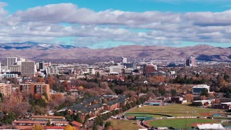 Panning-drone-shot-of-Reno,-Nevada-with-a-cloudy-sky