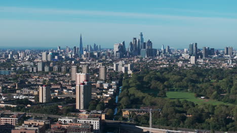 Rising-aerial-shot-of-central-London-skyscrapers-from-hackney-wick