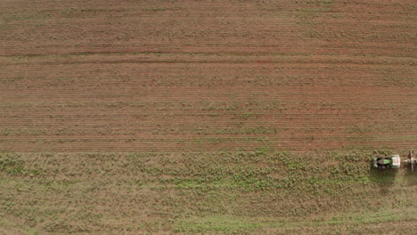 Stationary-top-down-aerial-shot-of-a-tractor-ploughing-a-field-from-right-to-left