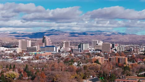 Drone-panning-view-of-downtown-Reno,-Nevada-on-a-cloudy-and-sunny-day