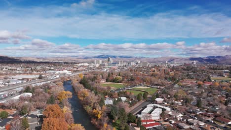 Wide-angle-drone-shot-panning-to-the-left-in-Reno,-Nevada-with-the-river