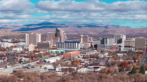 Drone-flyover-shot-panning-to-the-right-of-downtown-Reno-Nevada-with-clouds