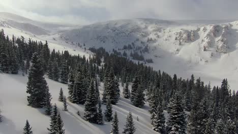 Aerial-drone-shot-of-snowy-mountains-and-alpine-trees,-in-Montezuma,-Colorado,-Wide-Shot