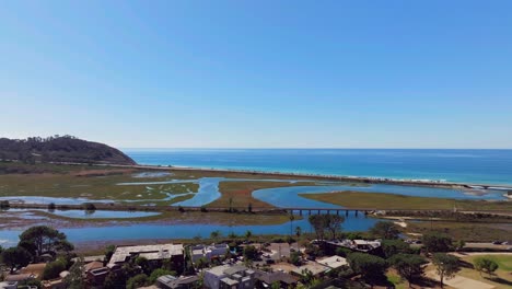 Aerial-View-Of-Railway-Tracks-At-Los-Peñasquitos-Marsh-Natural-Preserve-and-Lagoon-In-San-Diego,-California,-USA