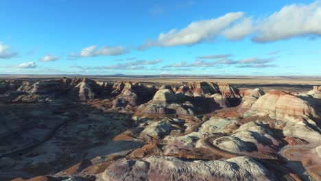 4K-Aerial-of-Blue-Mesa-in-Petrified-Forest-National-Park-in-Arizona,-USA