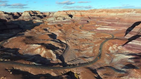 4K-Aerial-of-Blue-Mesa-in-Petrified-Forest-National-Park-in-Arizona,-USA