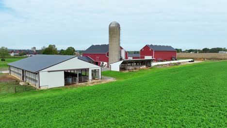 American-farm-with-red-barns,-silos,-and-fields