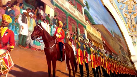 Eine-Nahaufnahme-Der-Gemälde-Und-Gravuren-An-Den-Wänden-Des-Mysore-Palastes-In-Indien,-Aufgenommen-In-4K