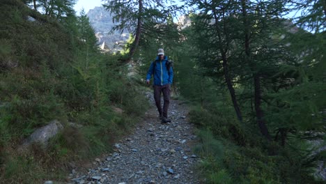 Hombre-Solo-Caminando-Por-Un-Sendero-De-Montaña-Rodeado-De-árboles-En-Valmalenco