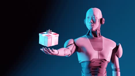 Prototyp-Eines-Humanoiden-Cyberroboters,-Der-In-Seiner-Hand-Eine-Geschenktüte-Für-Den-Weihnachtsurlaub-Hält