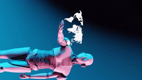Robot-Humanoide-Cibernético-Que-Sostiene-Mapas-Holográficos-Del-Mundo-En-Su-Mano,-Viajes-Y-Concepto-De-Inteligencia-Artificial