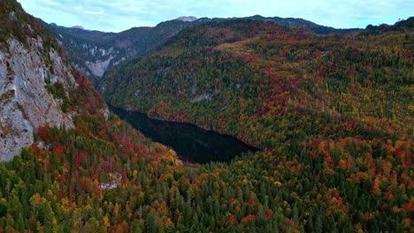 Aerial-view-of-Lake-Toplitz-surrounded-by-Autumnal-forest-in-the-mountain-valley-in-western-Austria
