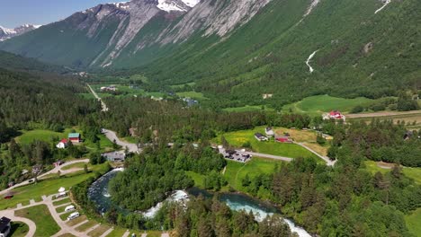 Wide-angle-showing-the-landscape-along-the-river-Valldøla-in-Valldal,-Norway